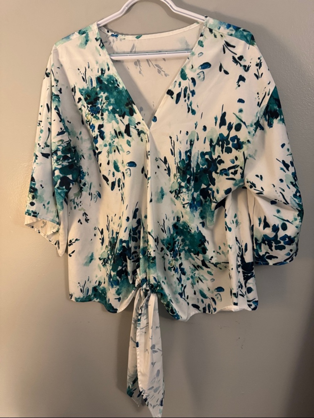 White and Teal Floral Tie-Front Blouse